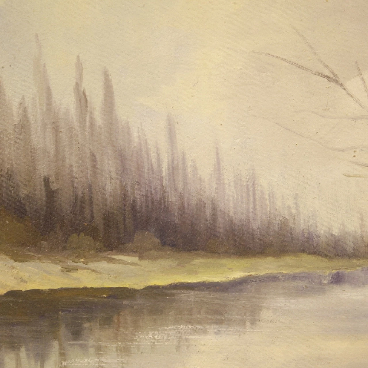 Carlo Musso, paesaggio con fiume, dipinto a olio su tavola 8