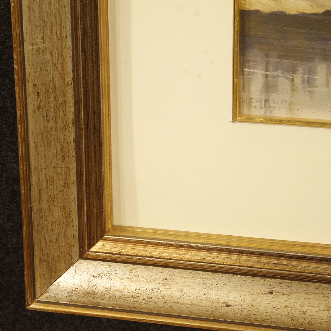 Carlo Musso, paesaggio con fiume, dipinto a olio su tavola 9