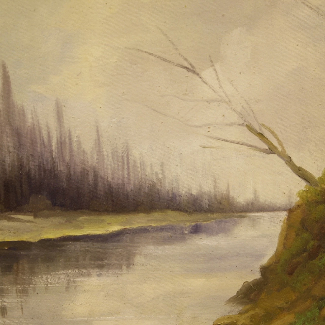 Carlo Musso, paesaggio con fiume, dipinto a olio su tavola 10