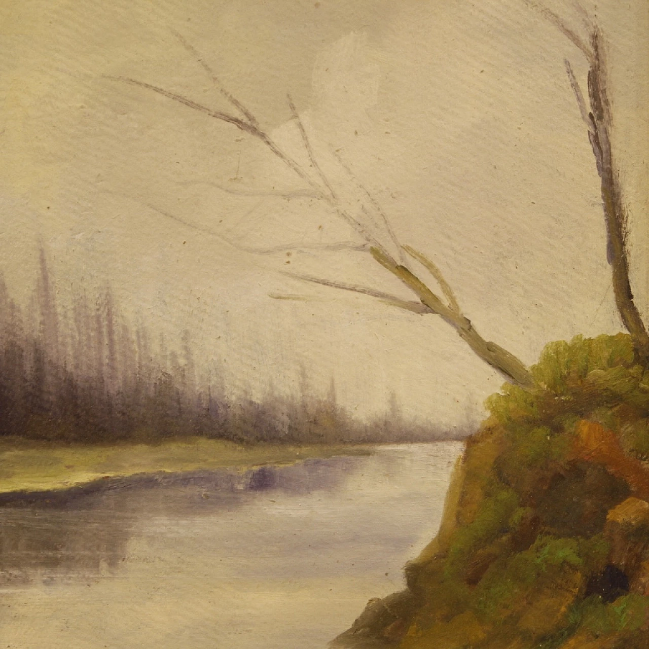 Carlo Musso, paesaggio con fiume, dipinto a olio su tavola 11