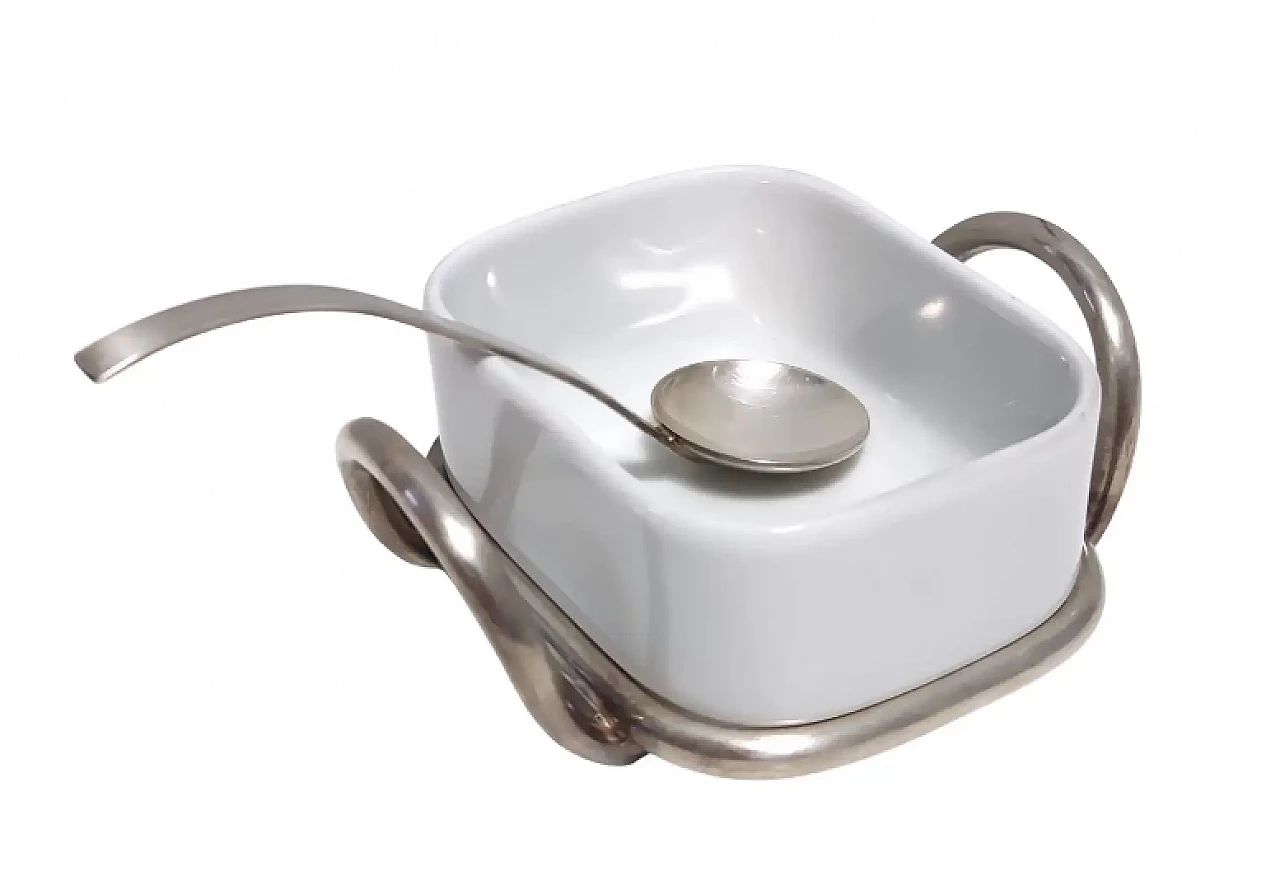 Formaggiera in argento e ceramica con cucchiaio di Lino Sabattini, anni '70 1
