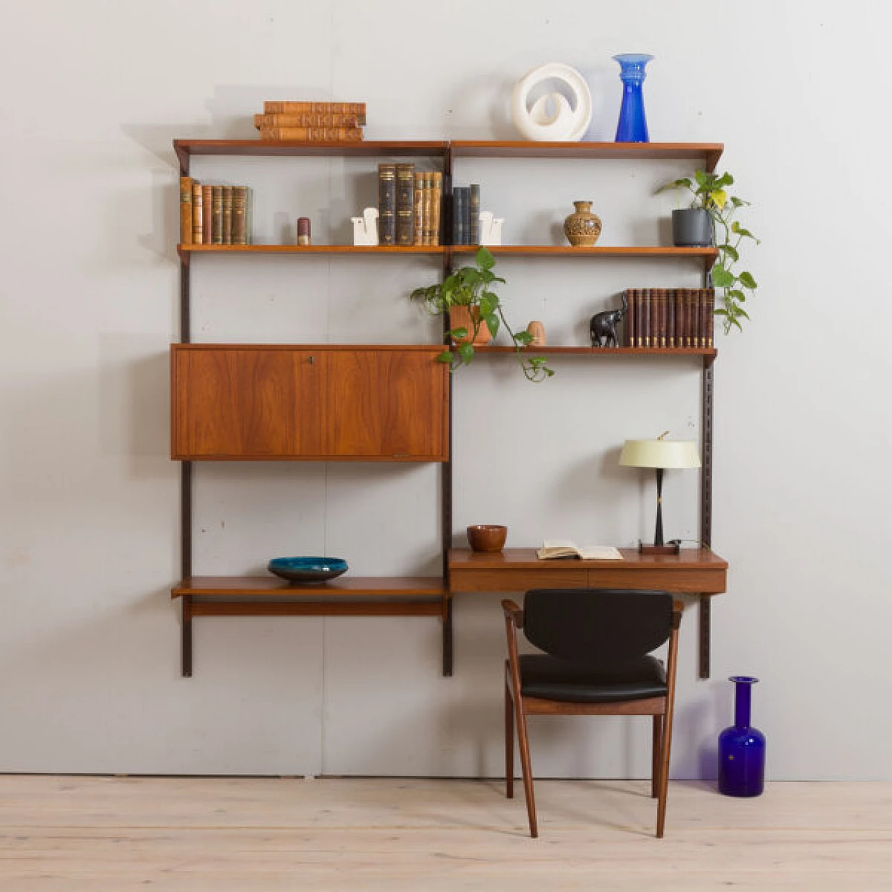 Modular teak bookcase with desk and cabinet by K. Kristiansen, 1960s 2