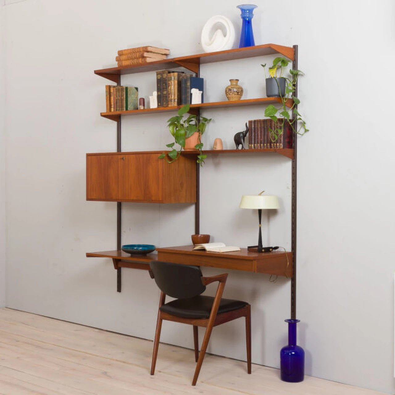 Modular teak bookcase with desk and cabinet by K. Kristiansen, 1960s 3