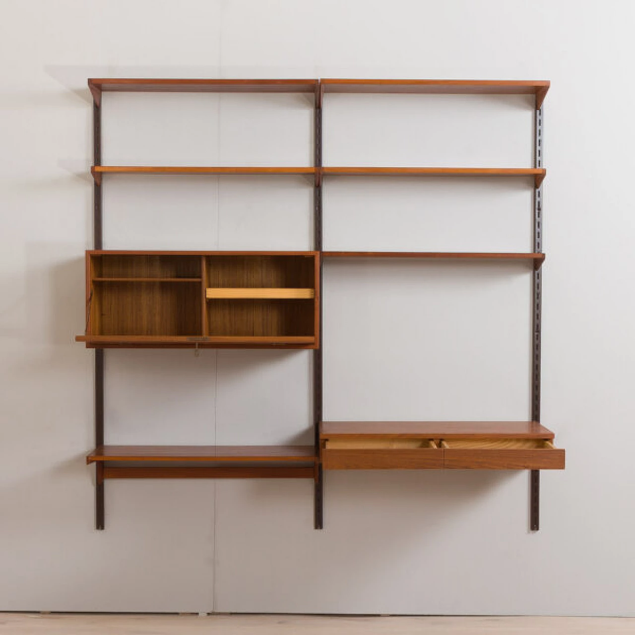Modular teak bookcase with desk and cabinet by K. Kristiansen, 1960s 15