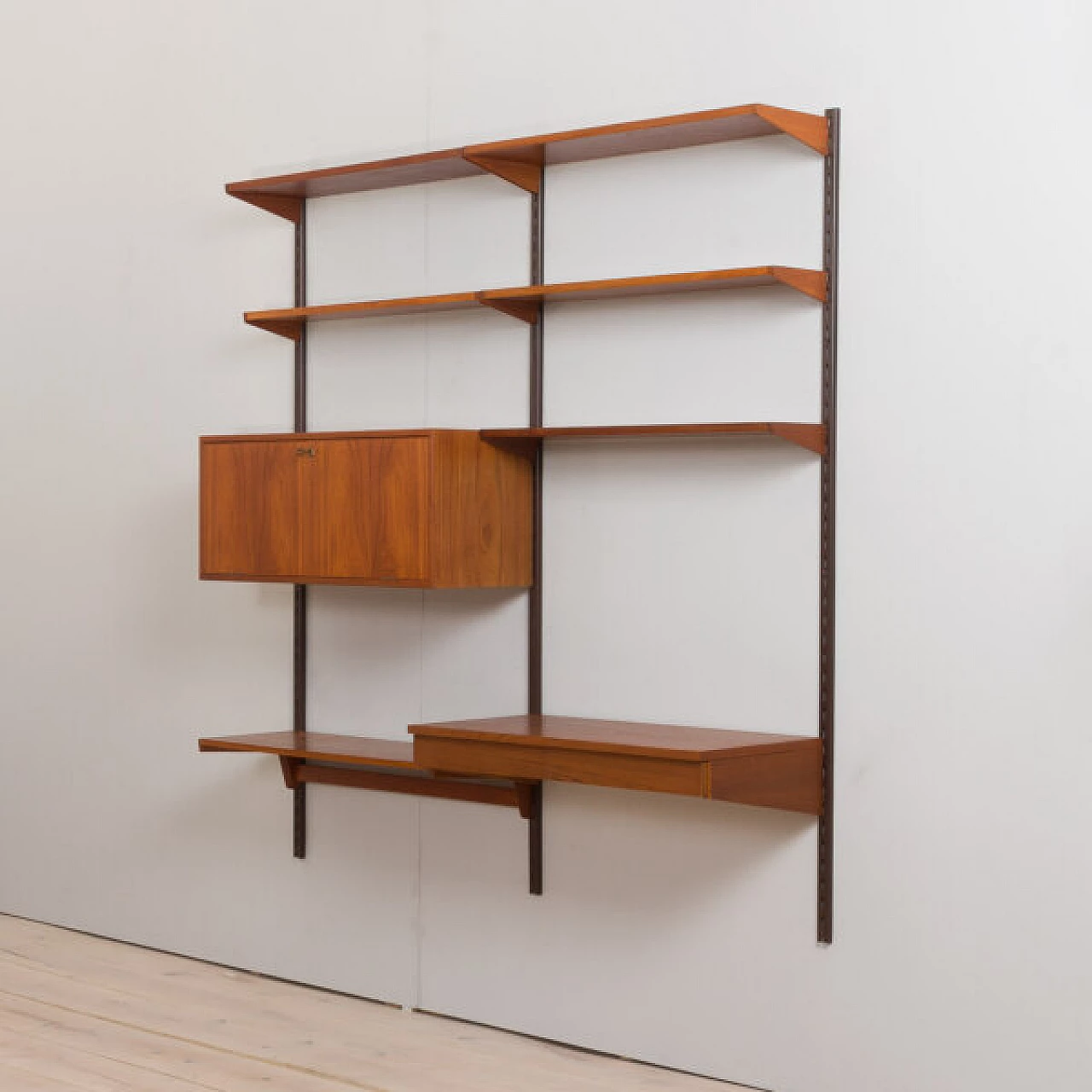 Modular teak bookcase with desk and cabinet by K. Kristiansen, 1960s 17
