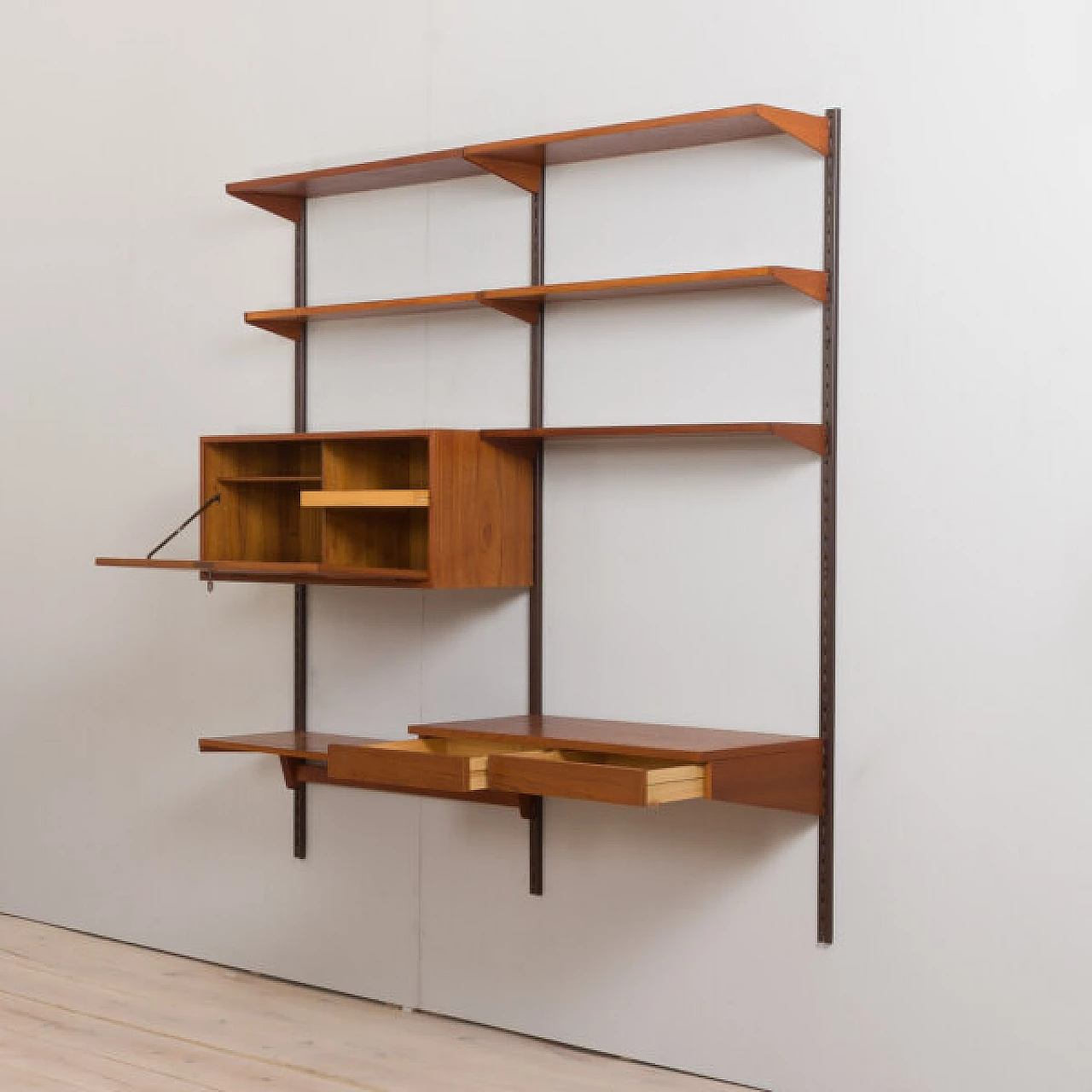 Modular teak bookcase with desk and cabinet by K. Kristiansen, 1960s 18