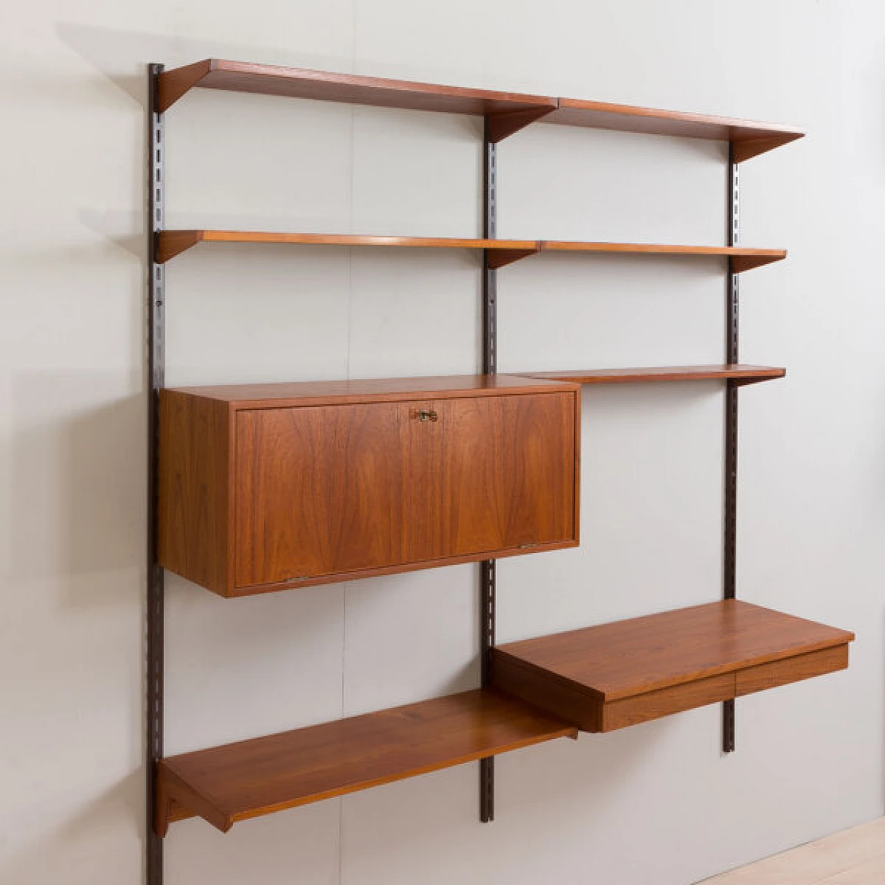 Modular teak bookcase with desk and cabinet by K. Kristiansen, 1960s 19