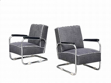 Pair of metal and gray fabric armchairs, 1930s