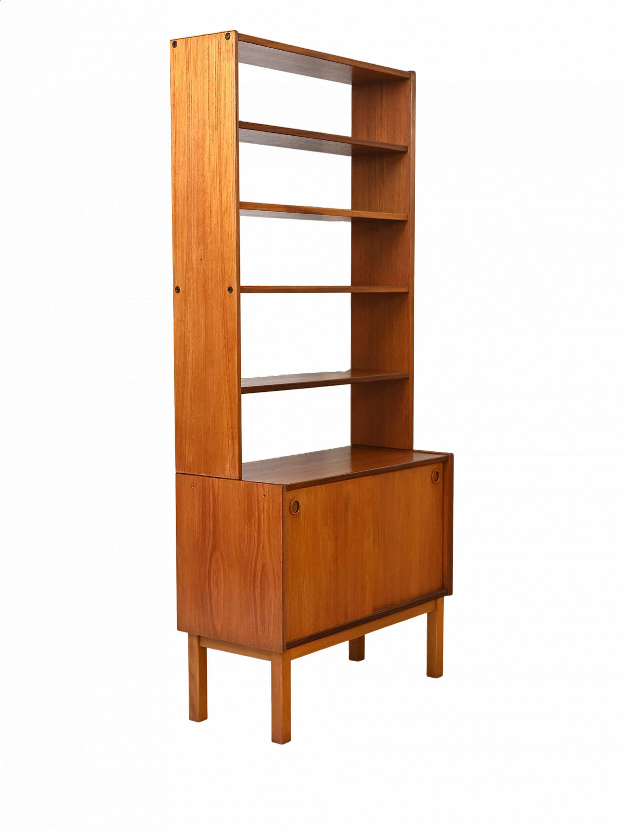 Libreria scandinava in teak con credenza ad ante scorrevoli, anni '60 12