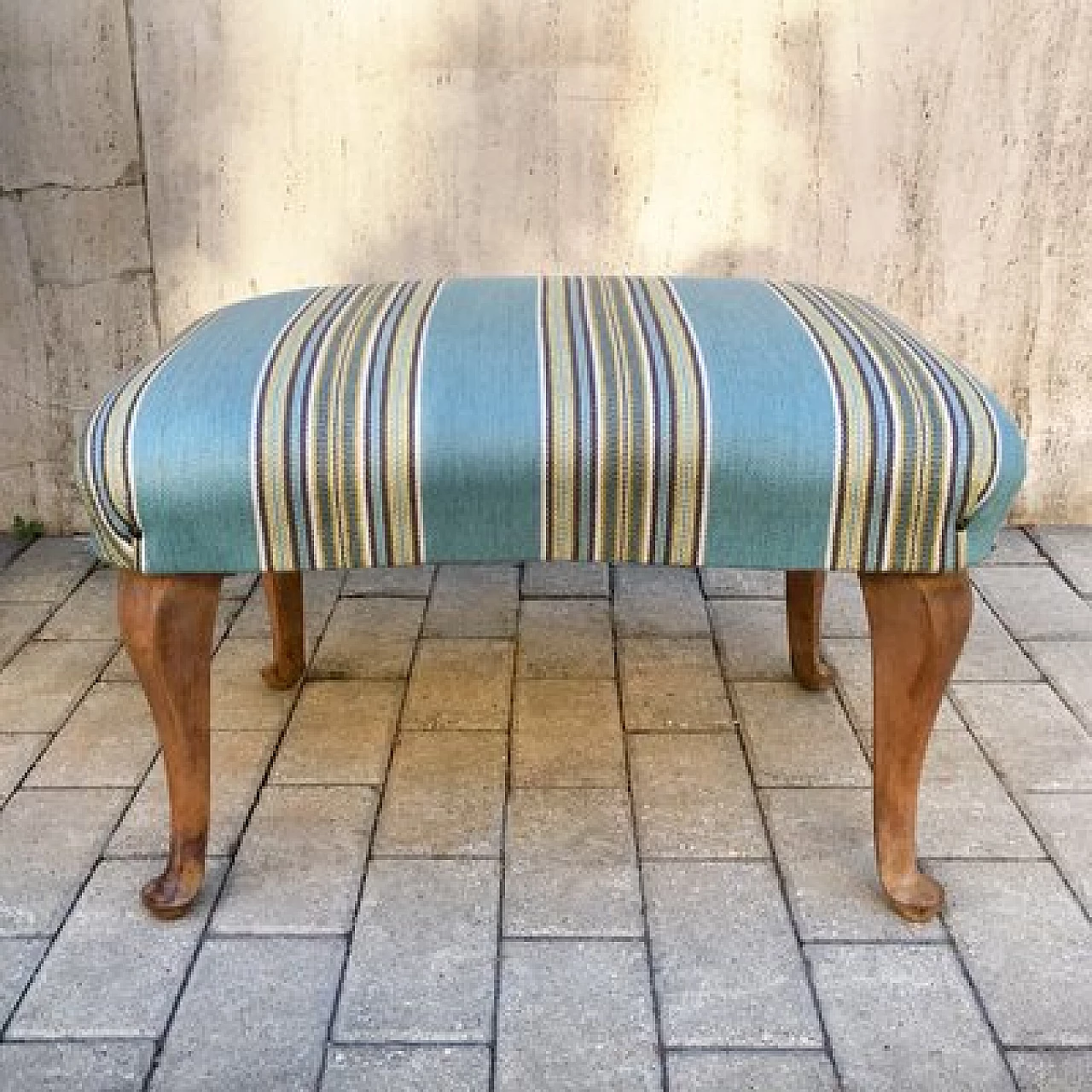 Footstool in oak and striped patterned fabric, 1950s 2