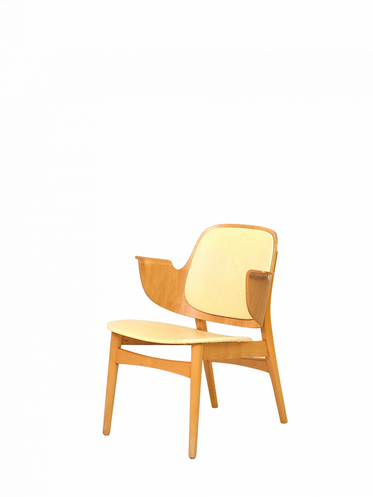 Poltrona 107 di Hans Olsen in legno laminato e similpelle gialla, anni '60 14