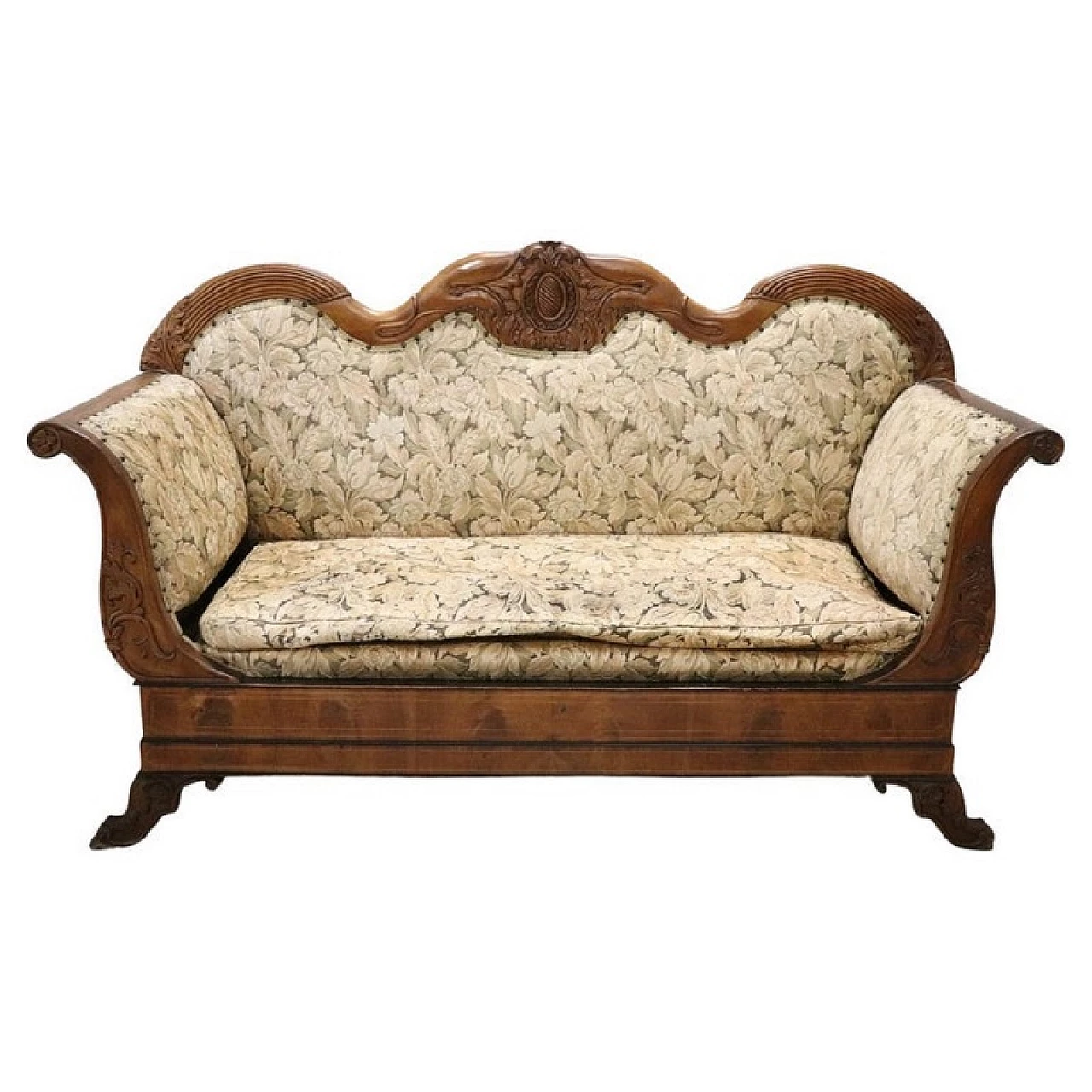 Charles X walnut boat-shaped sofa with carved decoration, 19th century 1