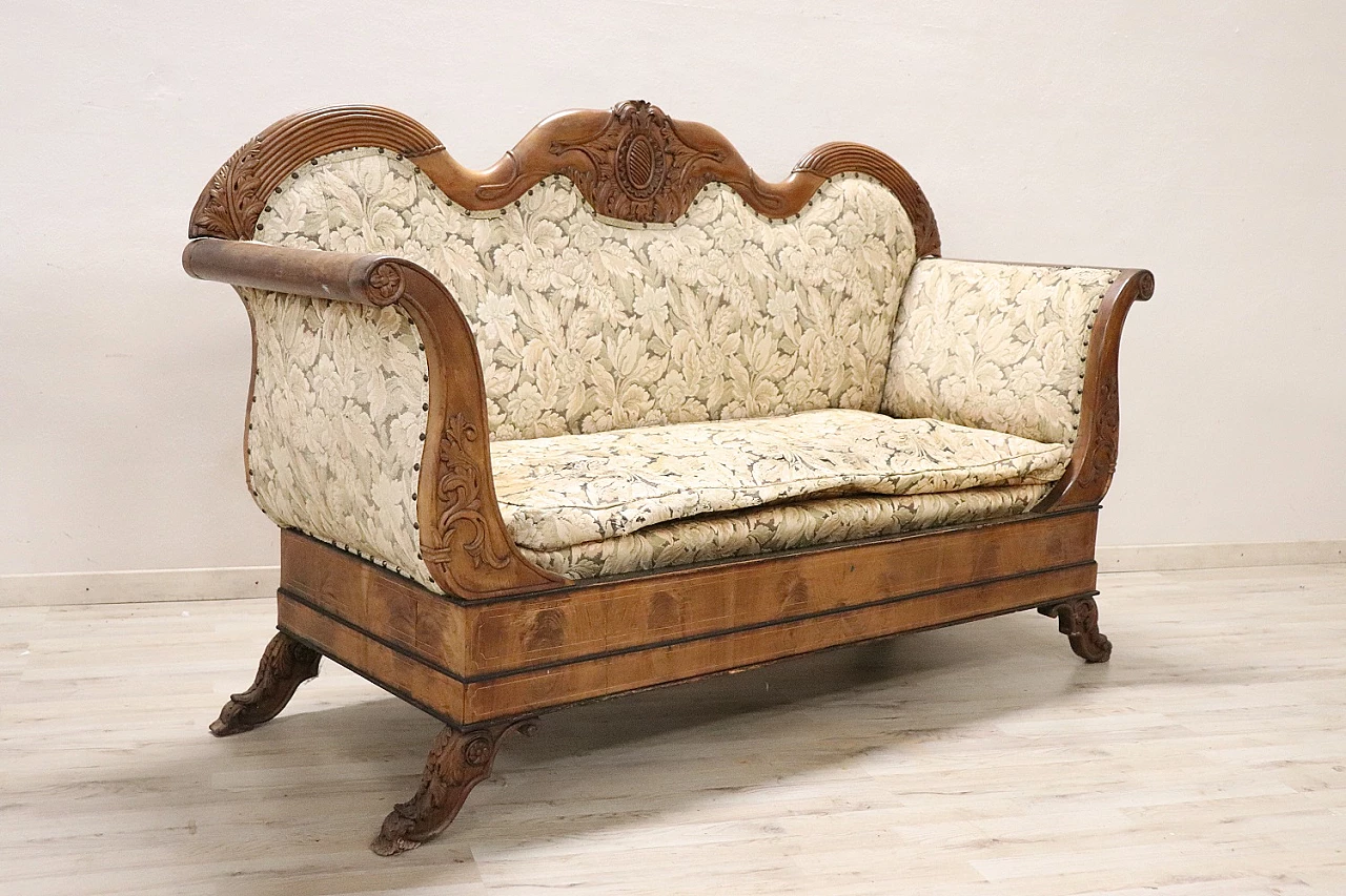 Charles X walnut boat-shaped sofa with carved decoration, 19th century 2