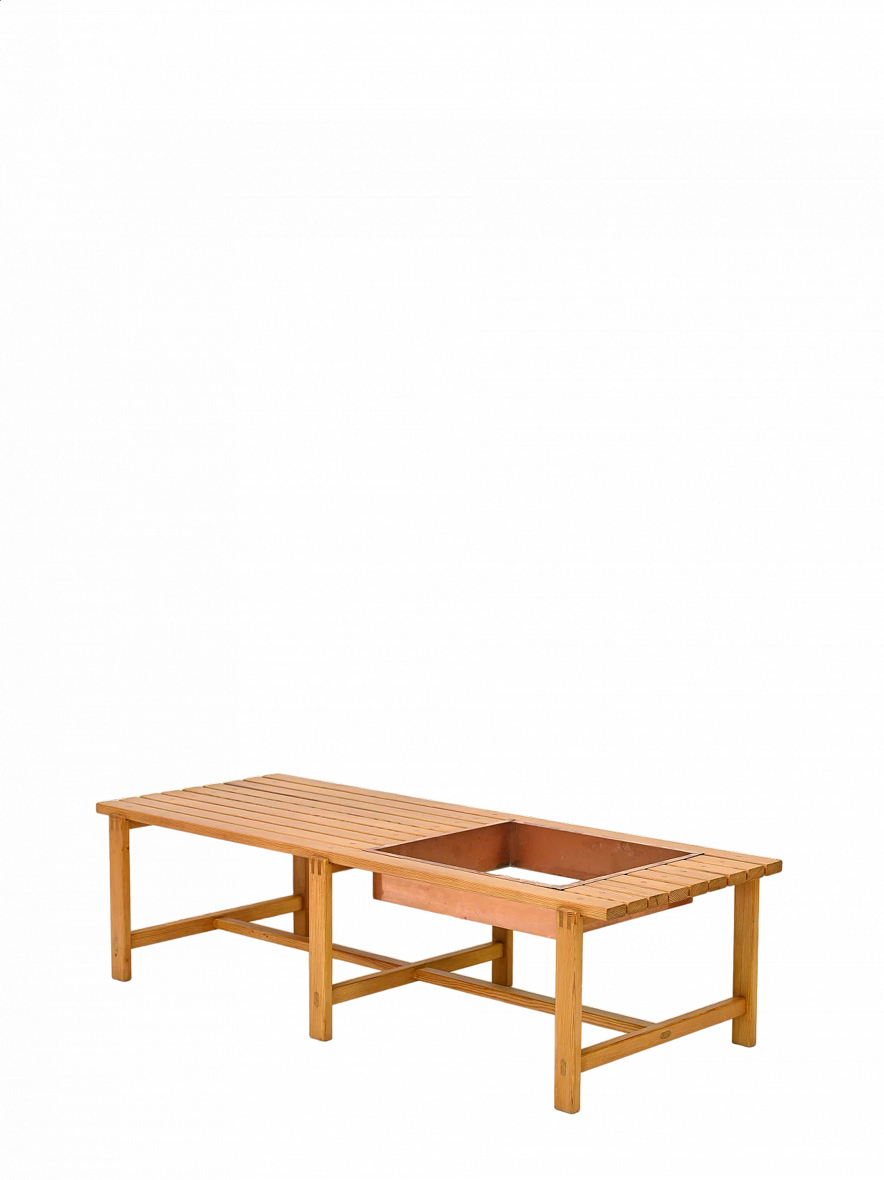 Scandinavian pine bench with metal planter, 1960s 10