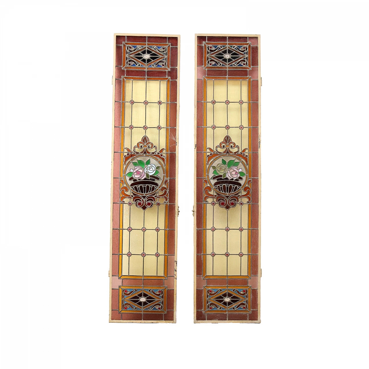 Coppia di vetrate Liberty in vetro piombato colorato, inizio '900 1