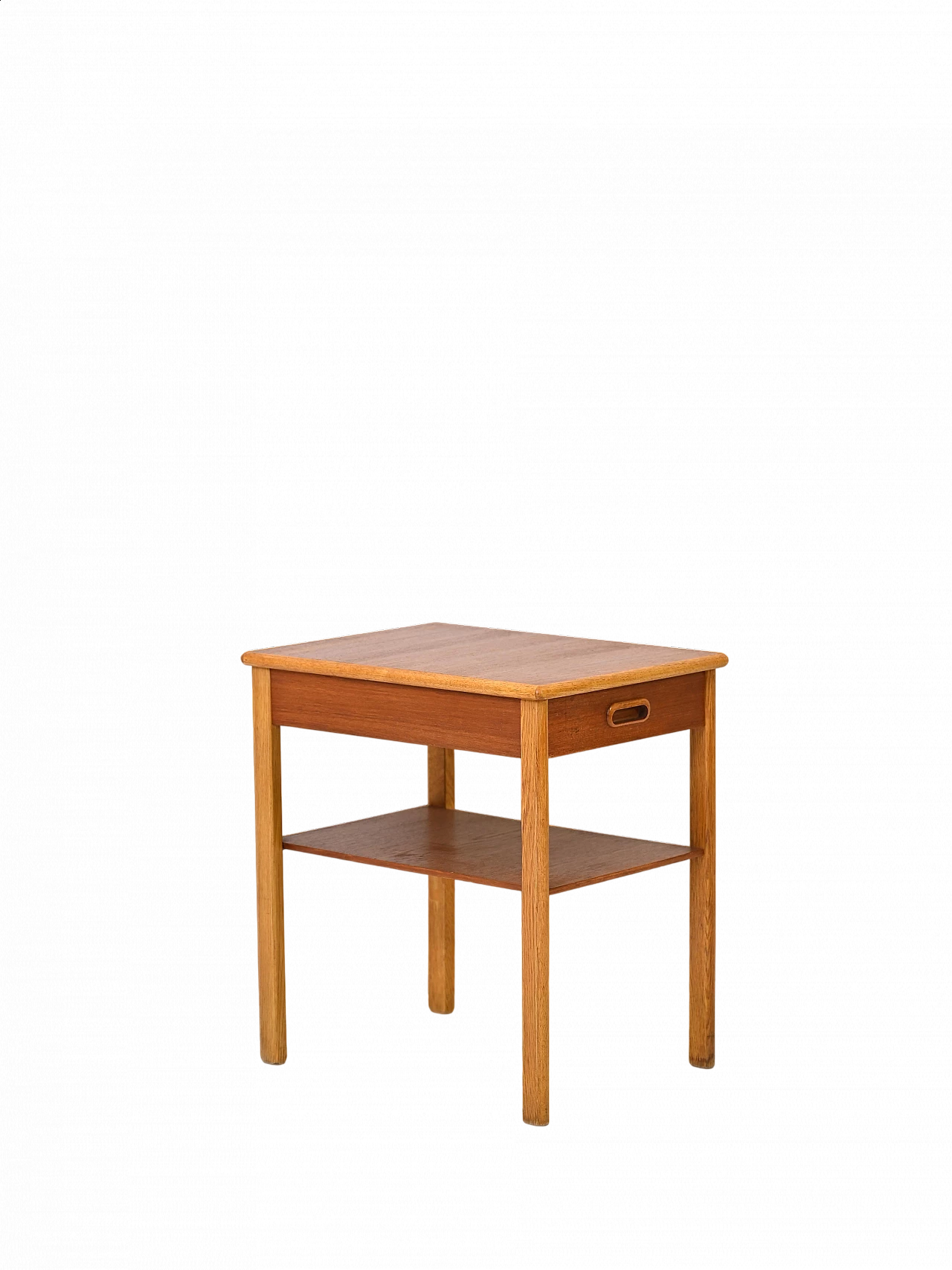 Swedish teak and oak bedside table with drawer and double shelf, 1960s 10