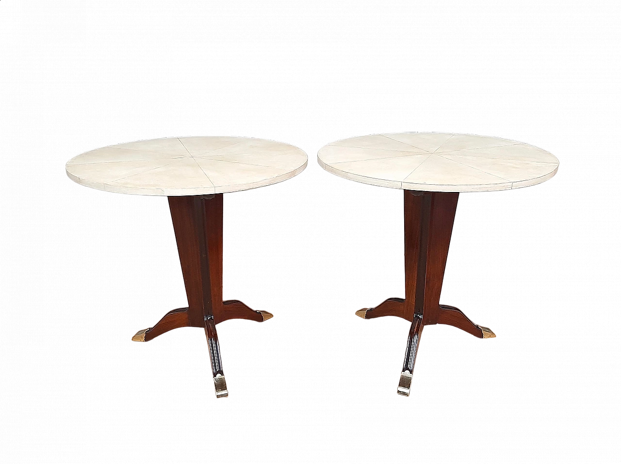 Pair of Art Deco rosewood, parchment and brass coffee tables, 1950s 10