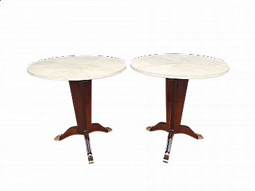 Pair of Art Deco rosewood, parchment and brass coffee tables, 1950s