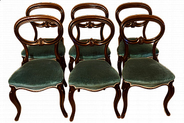 6 Victorian wood and green fabric chairs, 19th century