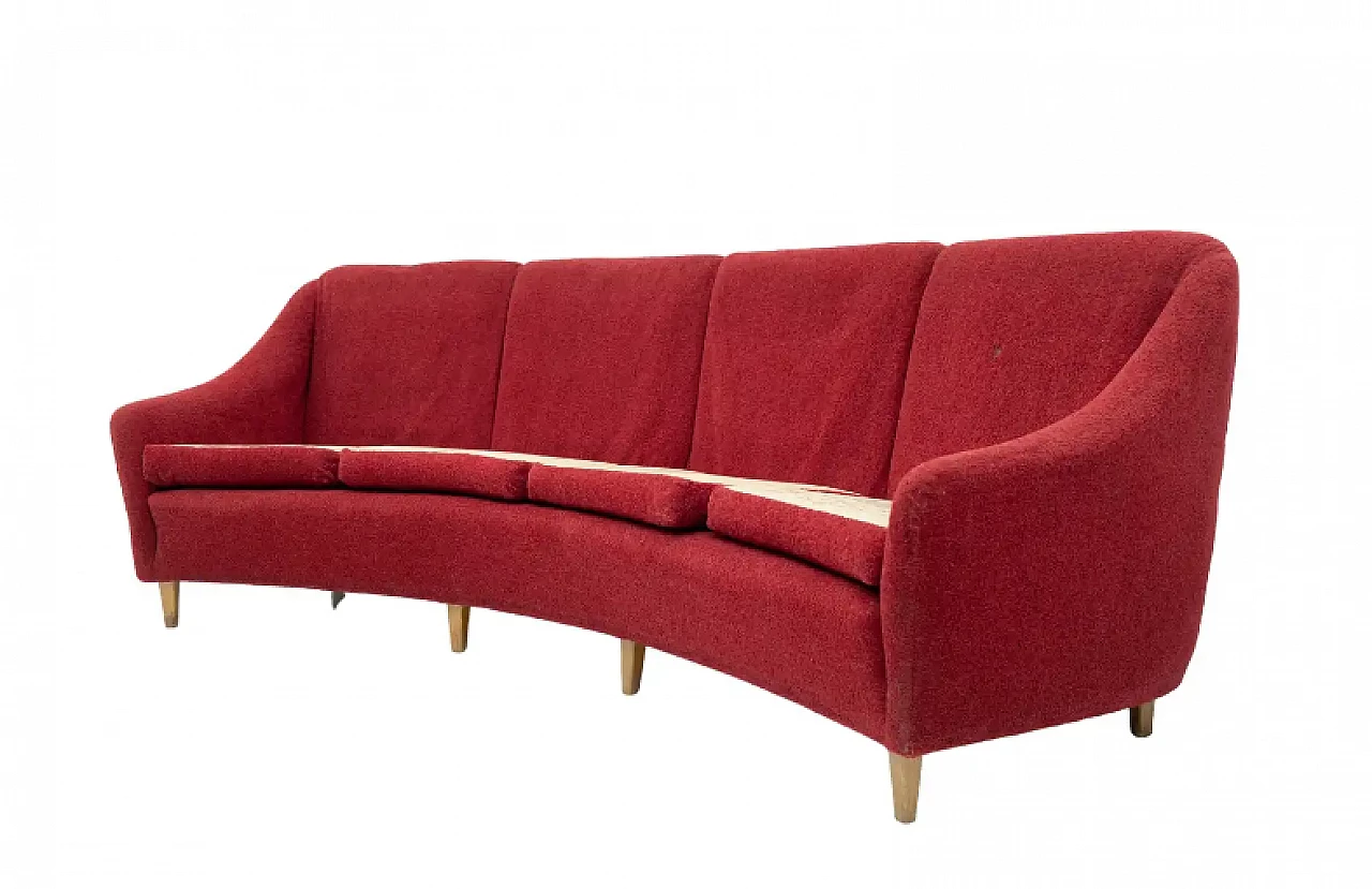 Divano curvo a quattro posti in velluto, anni '50 1