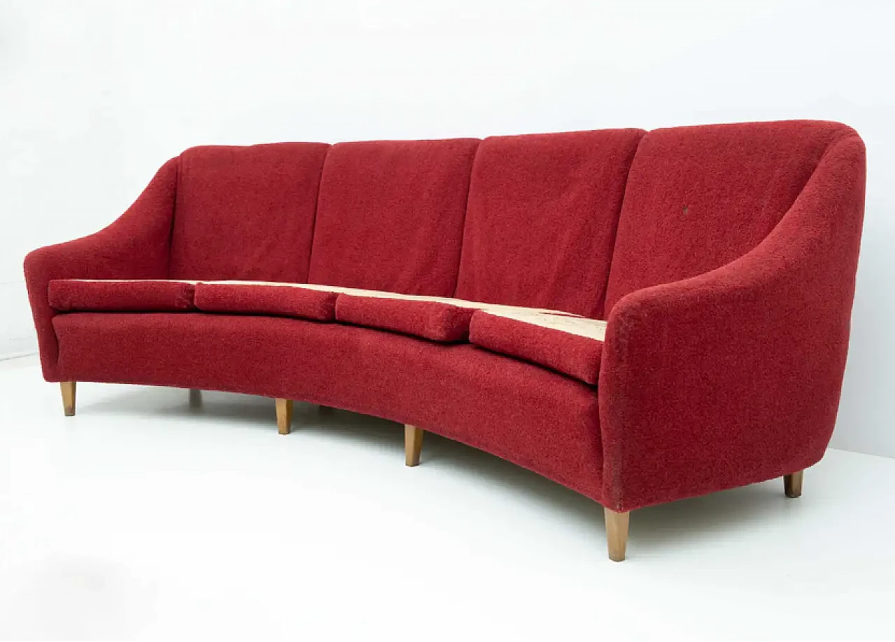 Divano curvo a quattro posti in velluto, anni '50 2