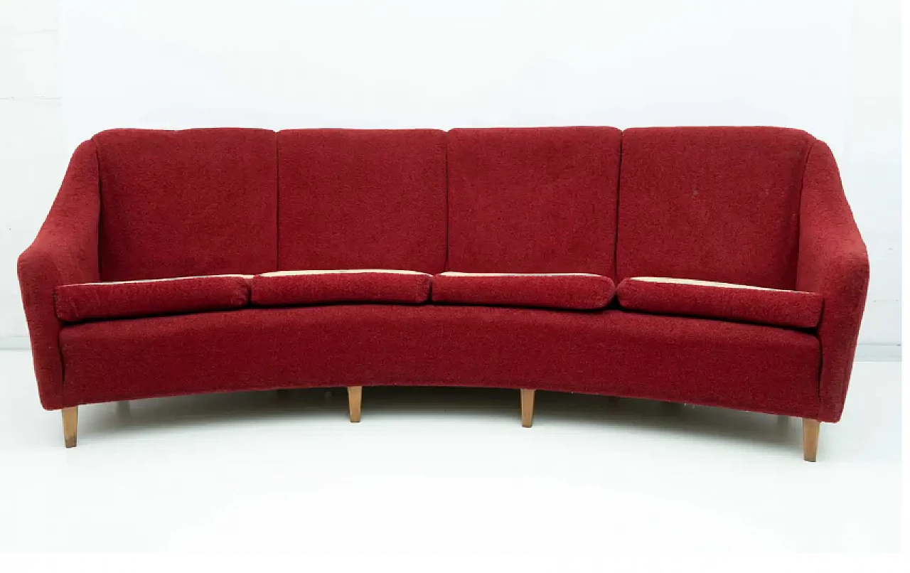 Divano curvo a quattro posti in velluto, anni '50 3
