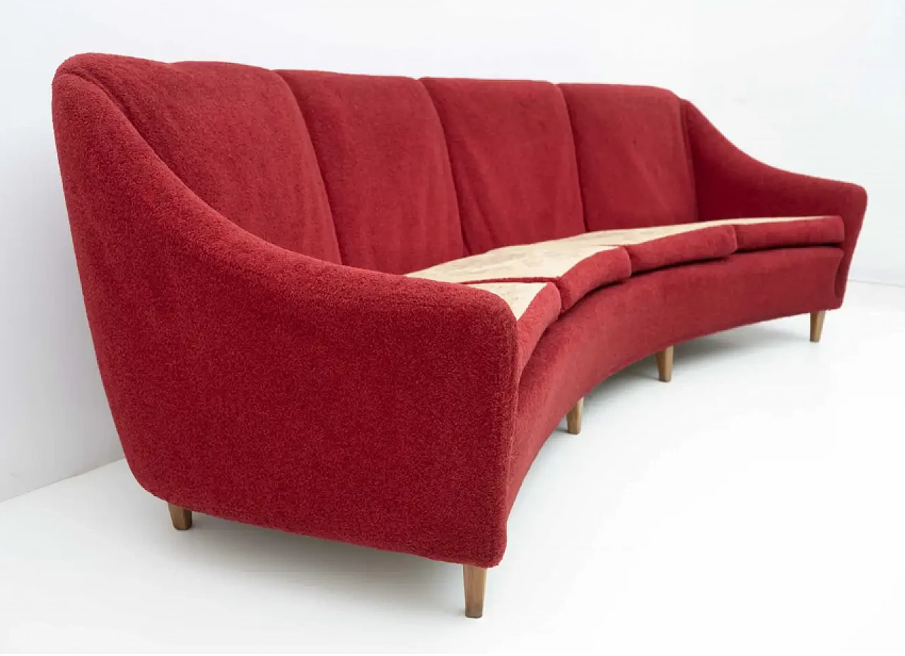 Divano curvo a quattro posti in velluto, anni '50 4