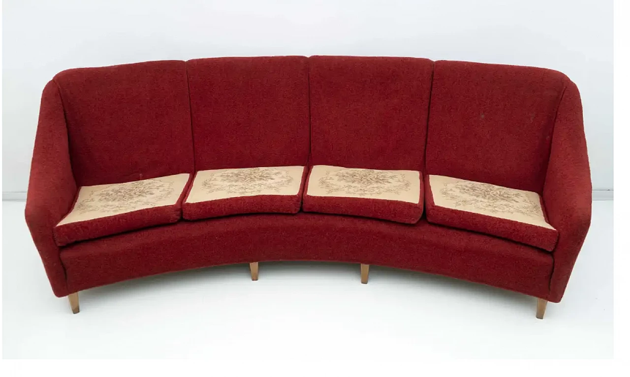 Divano curvo a quattro posti in velluto, anni '50 5