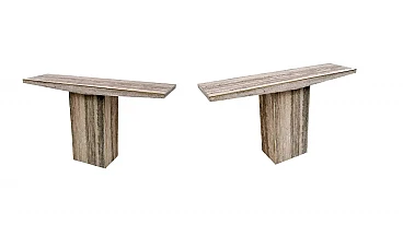 Coppia di console in travertino grezzo e intarsi in ottone, anni '70