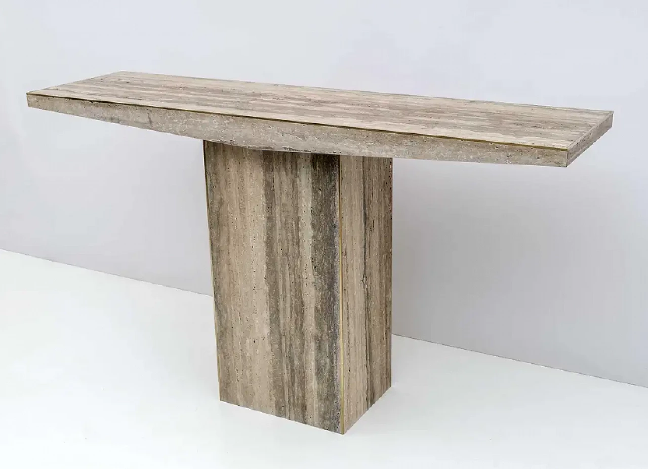 Pair of unfilled travertine and brass inlay console tables, 1970s 3
