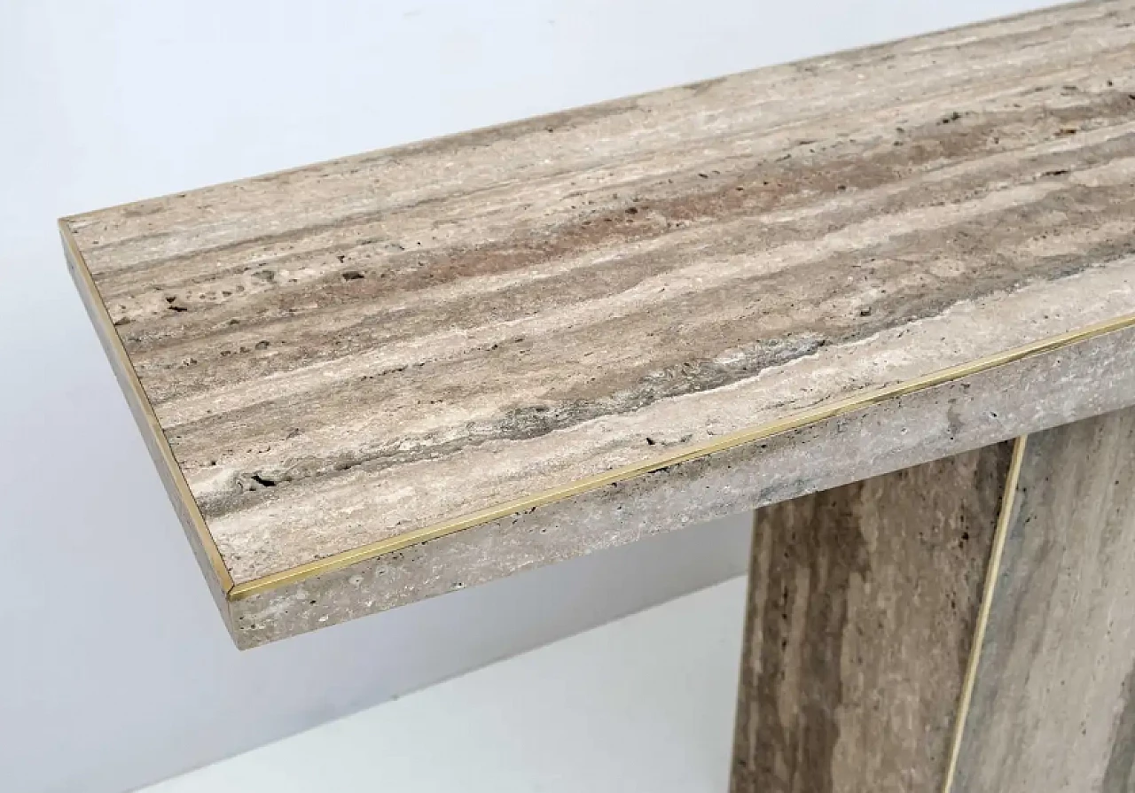 Pair of unfilled travertine and brass inlay console tables, 1970s 6