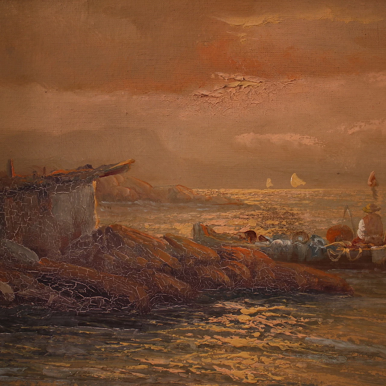 Remo Testa, dipinto di pescatori al tramonto, olio su tela, anni '50 4