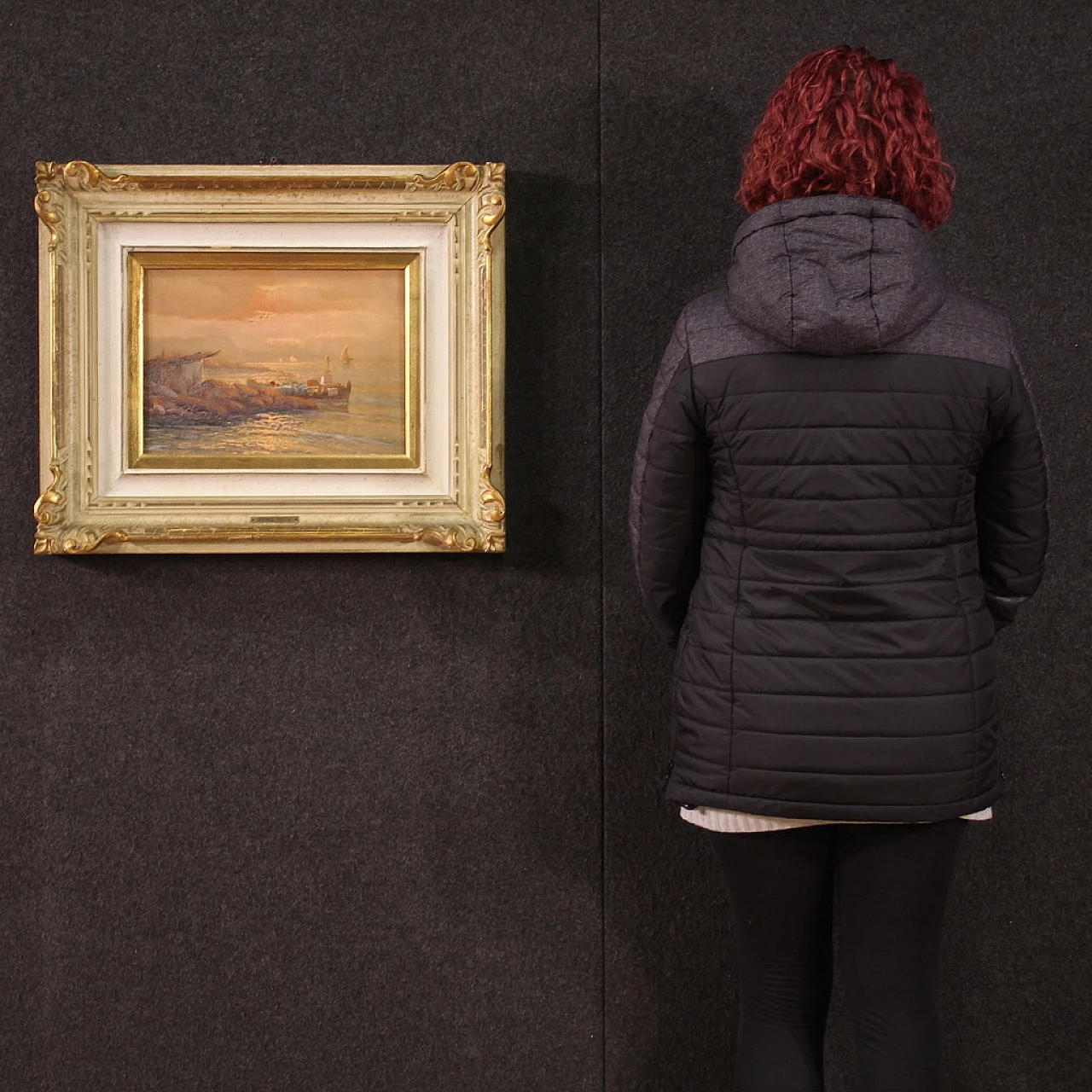 Remo Testa, dipinto di pescatori al tramonto, olio su tela, anni '50 5