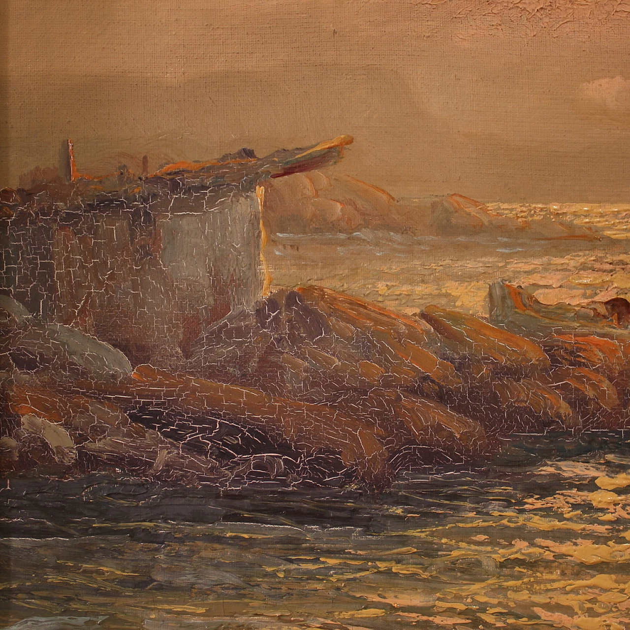 Remo Testa, dipinto di pescatori al tramonto, olio su tela, anni '50 8