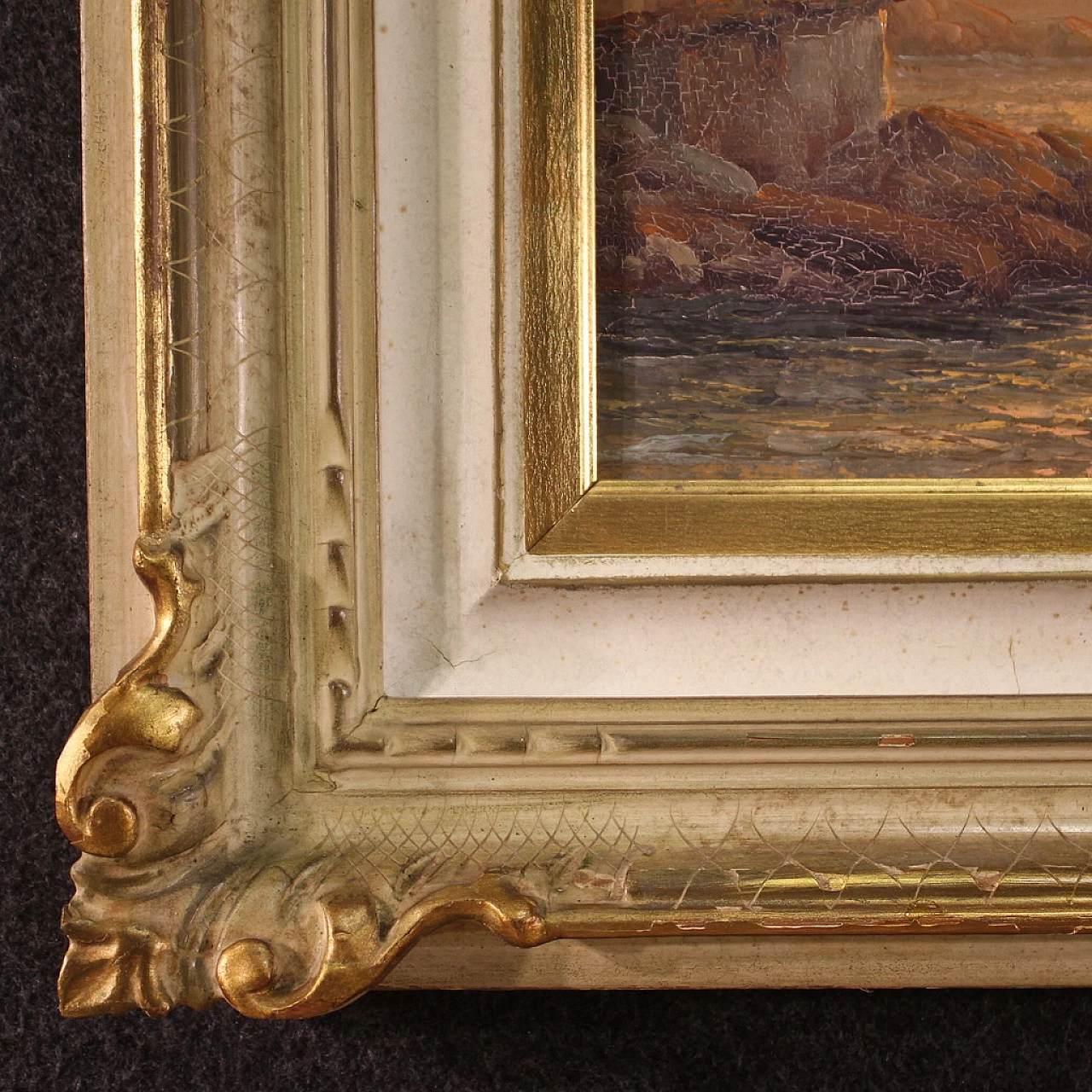 Remo Testa, dipinto di pescatori al tramonto, olio su tela, anni '50 11