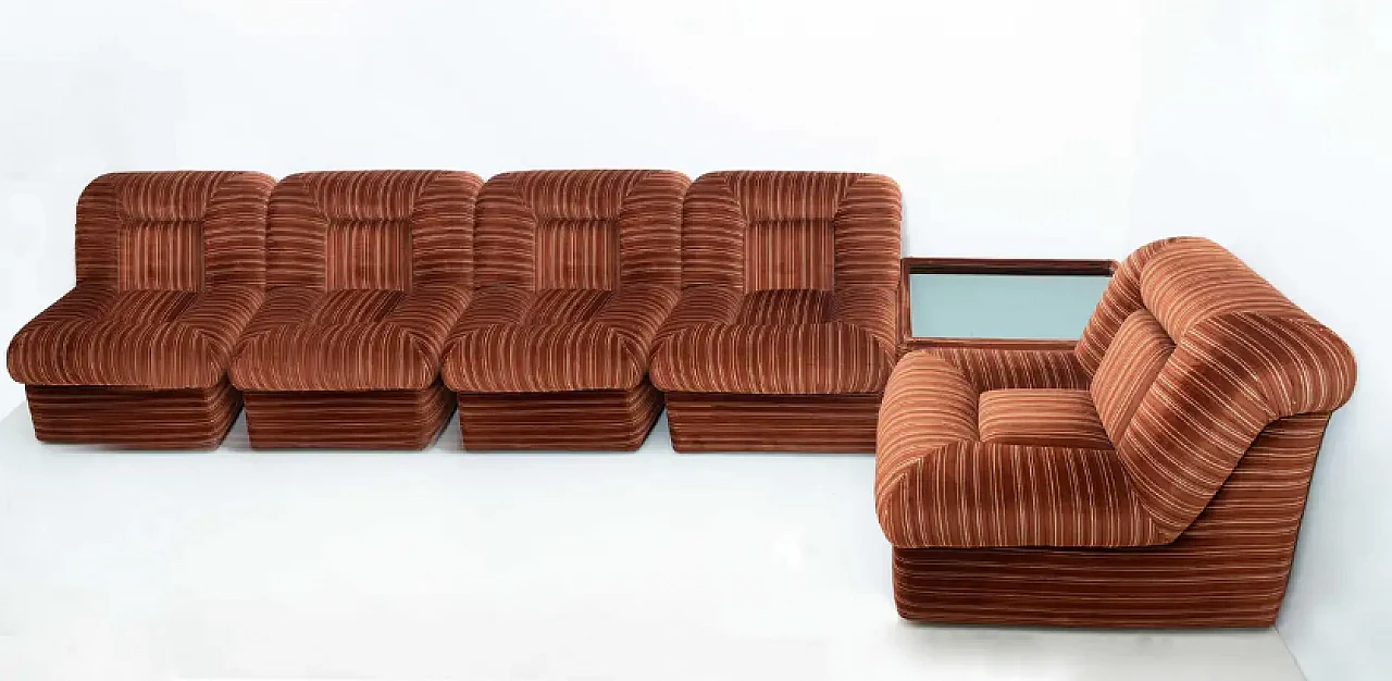 Velvet five-piece sofa with coffee table, 1970s 2
