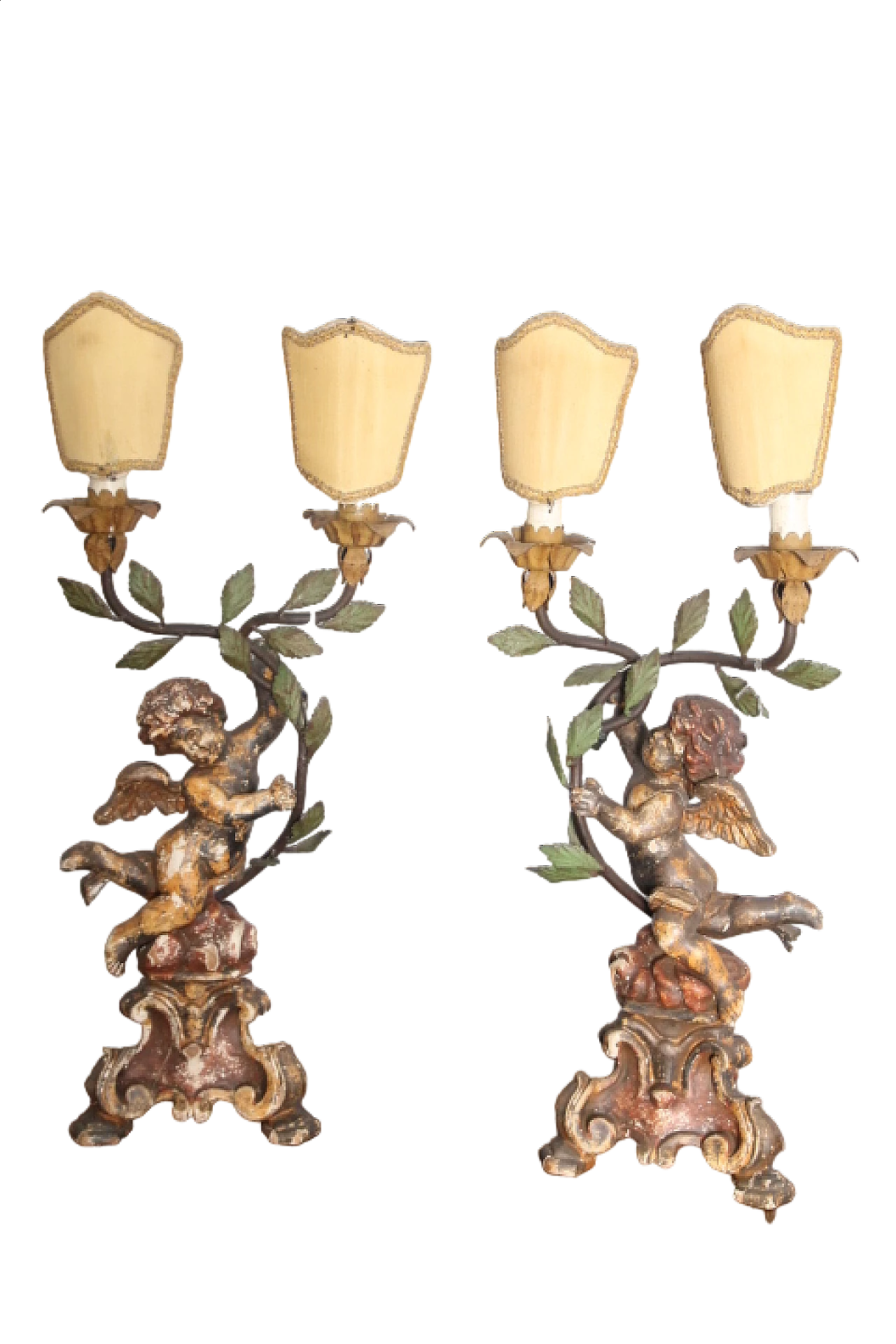 Coppia di candelabri con basi scultoree in legno con putti, fine '700 16