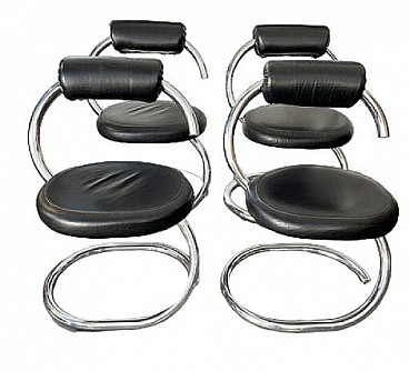 4 Cobra chairs in chromed metal and black skai by Giotto Stoppino, 1970s