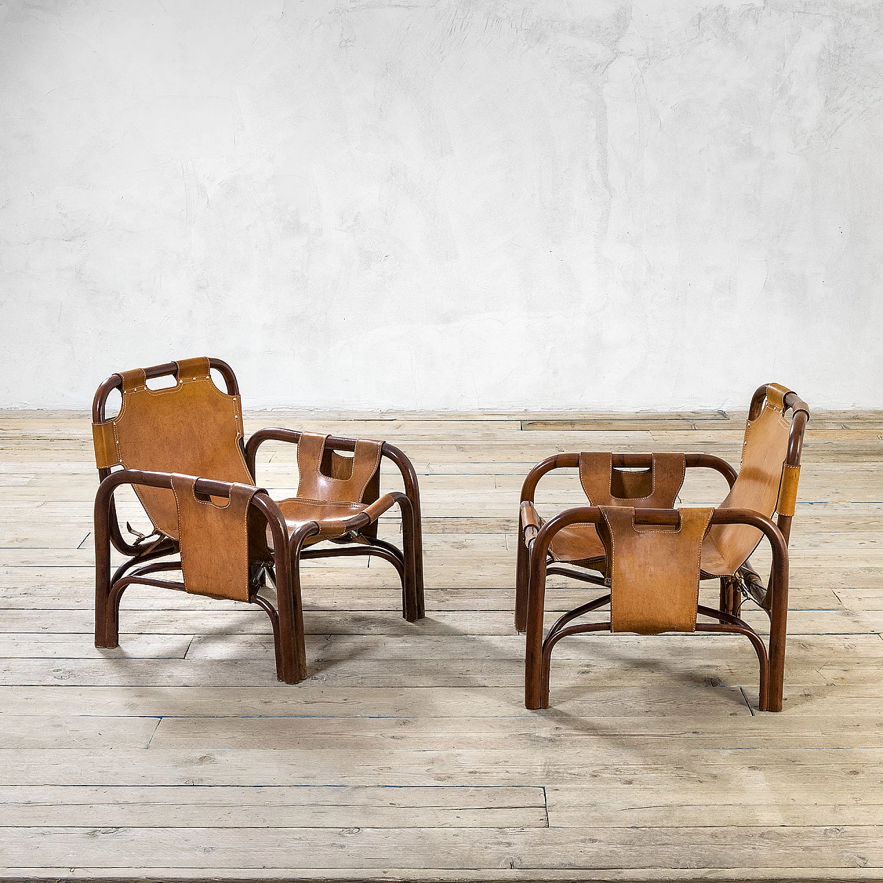 Pair of bamboo and leather Safari armchairs by Tito Agnoli, 1960s 1
