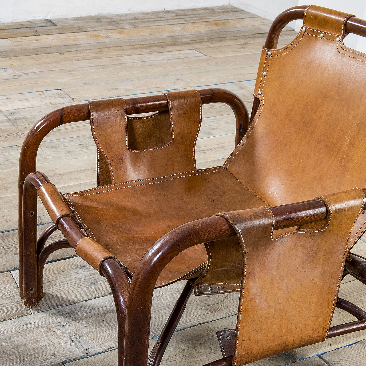 Pair of bamboo and leather Safari armchairs by Tito Agnoli, 1960s 2