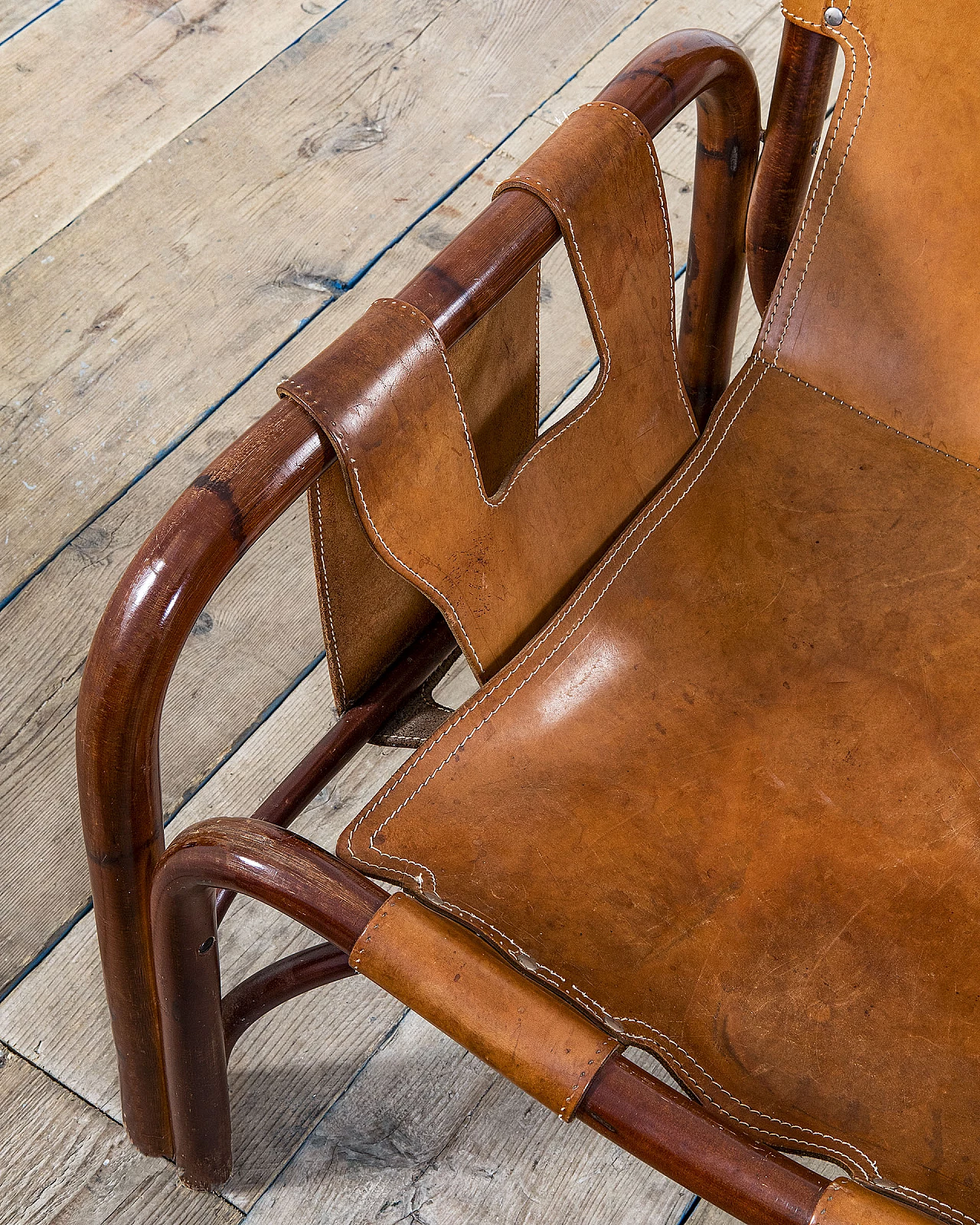 Pair of bamboo and leather Safari armchairs by Tito Agnoli, 1960s 4