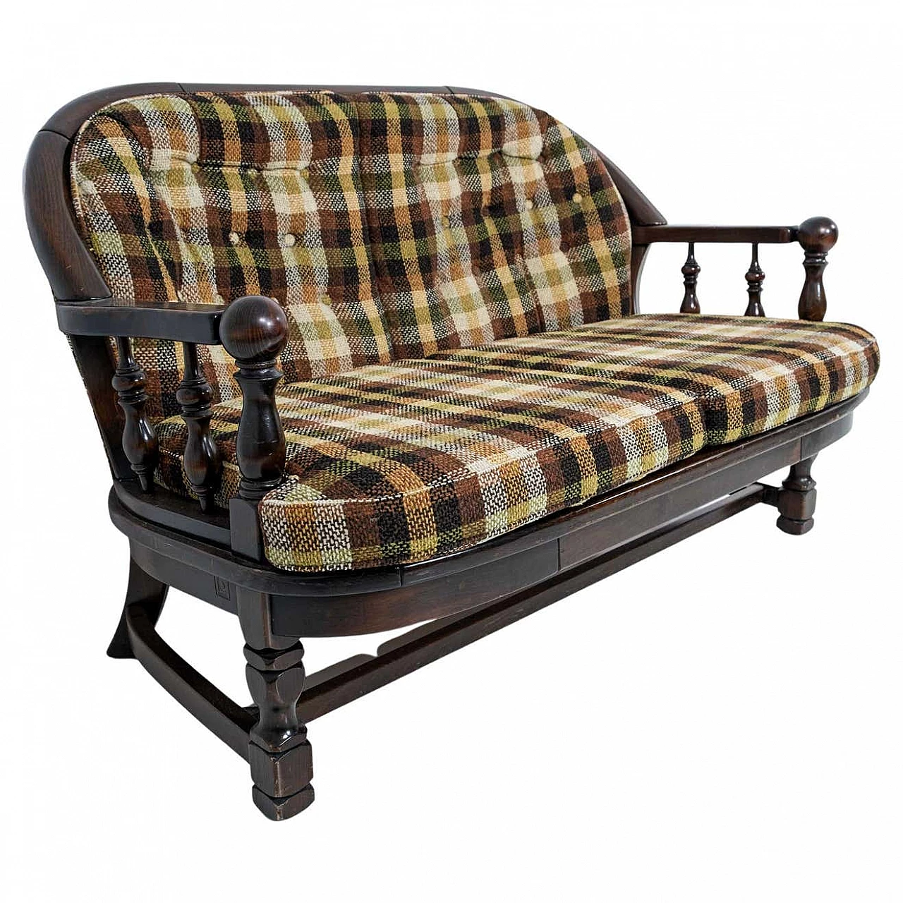 Divano country in noce e tessuto scozzese di Mobili Pizzetti, anni '70 1