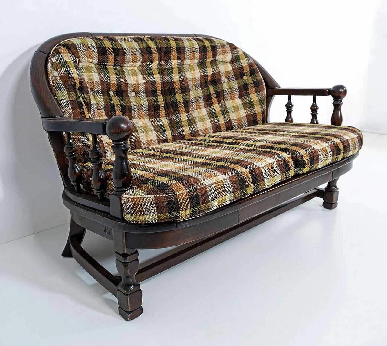 Country sofa in walnut and Scottish fabric by Mobili Pizzetti, 1970s 2