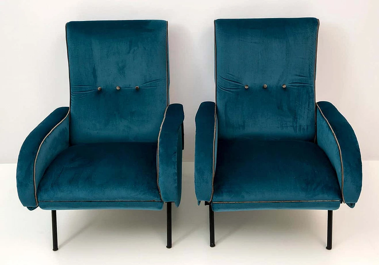 Coppia di poltrone reclinabile in velluto blu di Marco Zanuso, anni '50 1