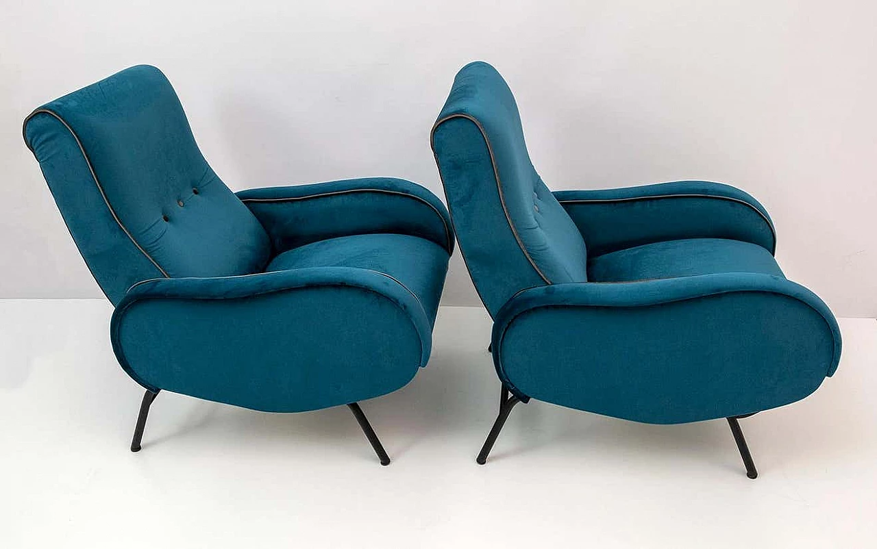 Coppia di poltrone reclinabile in velluto blu di Marco Zanuso, anni '50 2