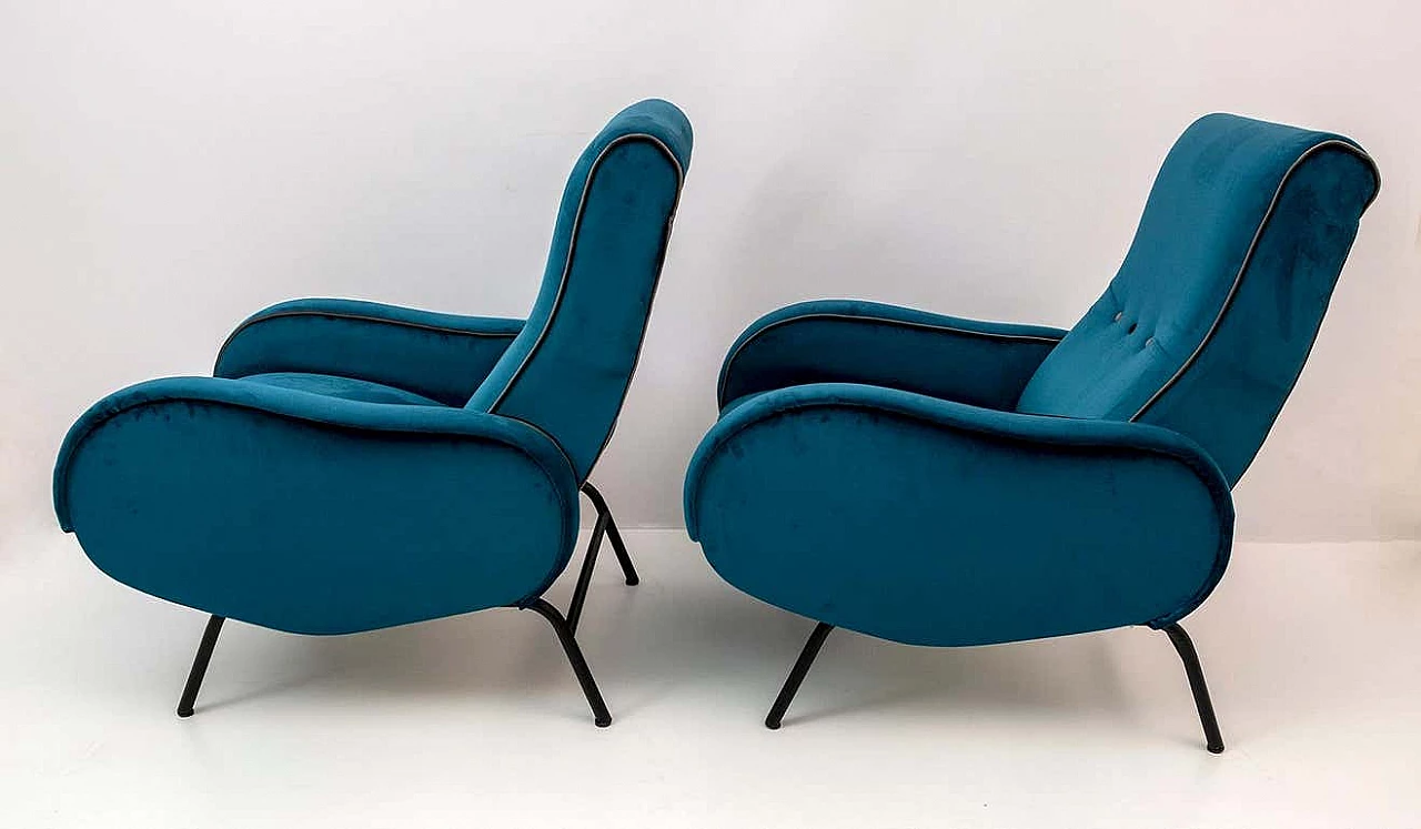 Coppia di poltrone reclinabile in velluto blu di Marco Zanuso, anni '50 3