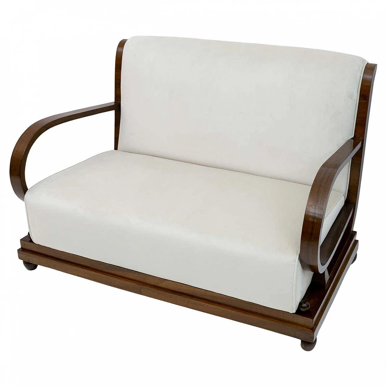 Art Deco sofa in curved walnut and ivory velvet, 1920s 1