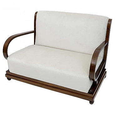 Art Deco sofa in curved walnut and ivory velvet, 1920s