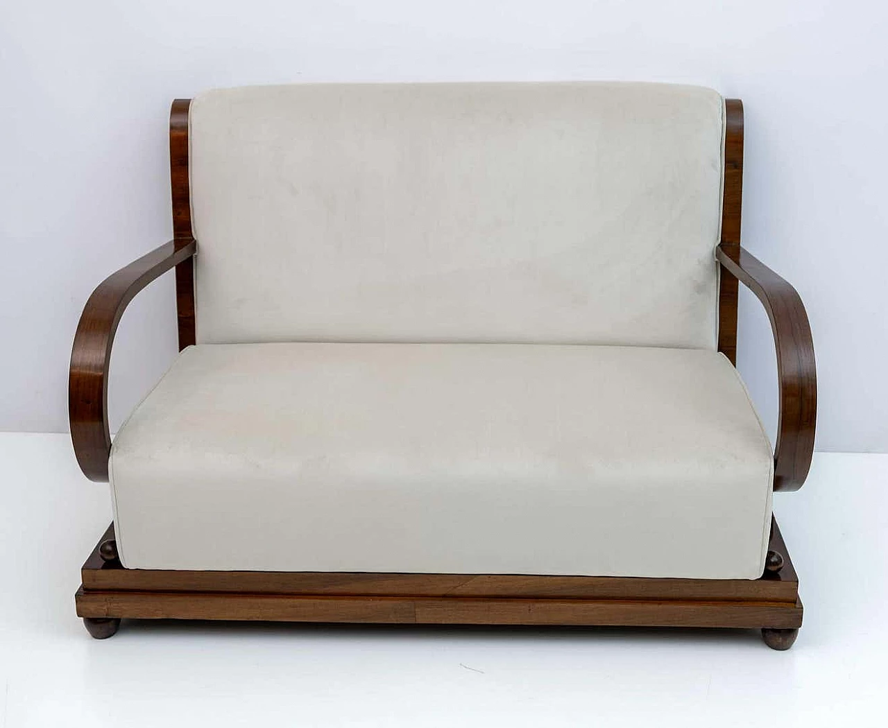 Art Deco sofa in curved walnut and ivory velvet, 1920s 2