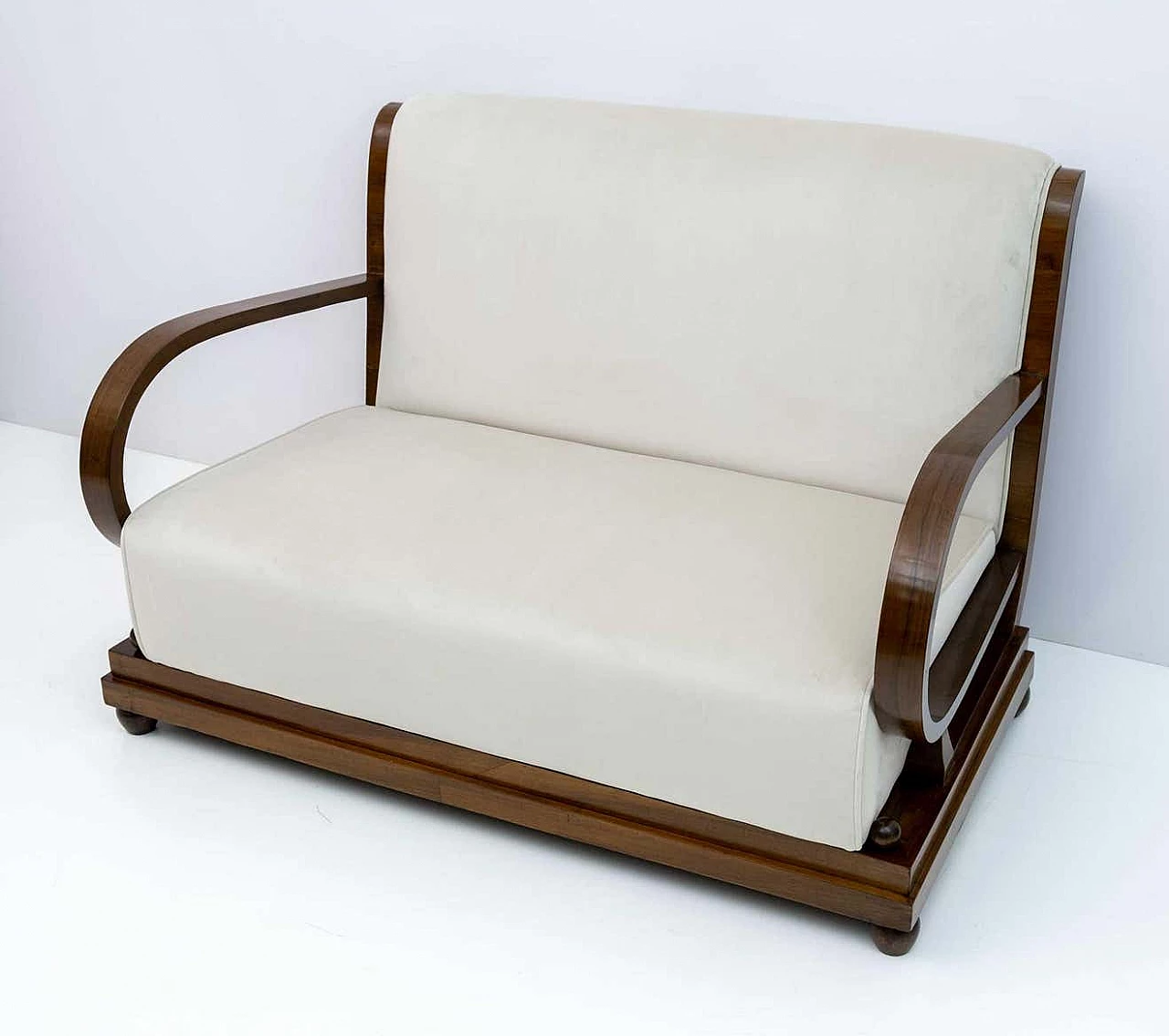 Art Deco sofa in curved walnut and ivory velvet, 1920s 3